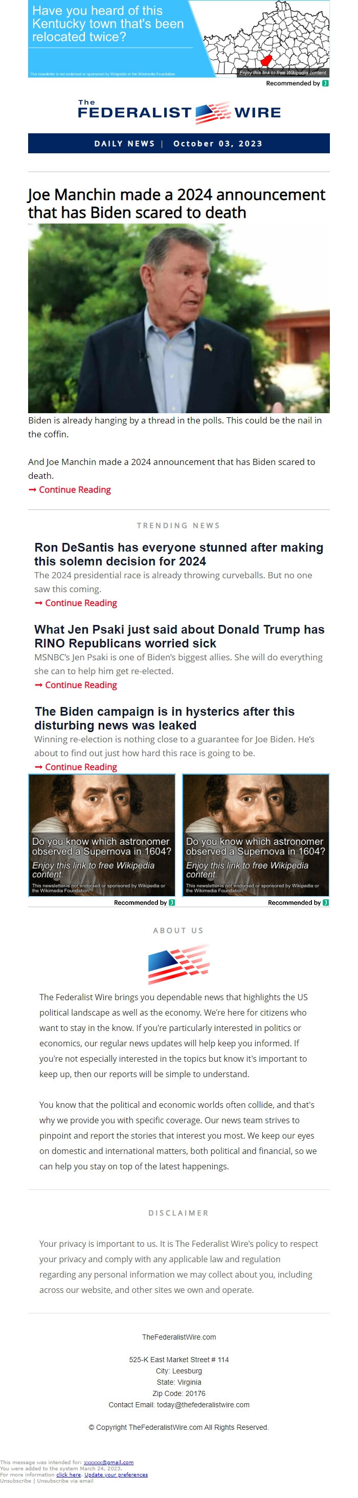 Screenshot of the email generated on import