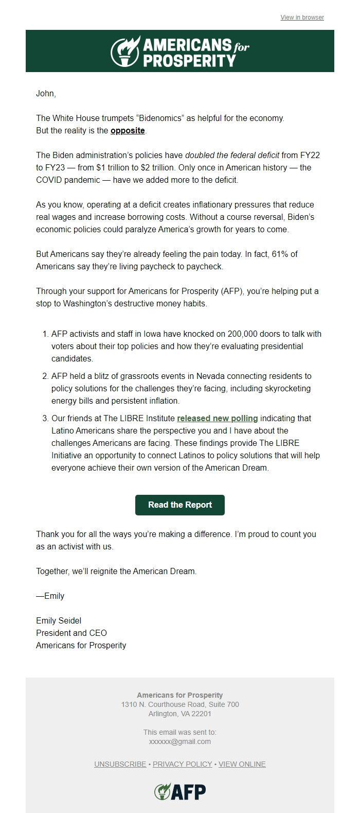 Screenshot of the email generated on import