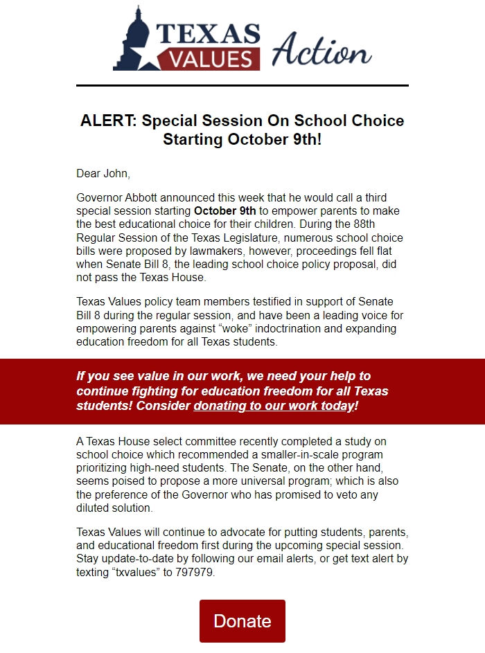 Screenshot of the email generated on import