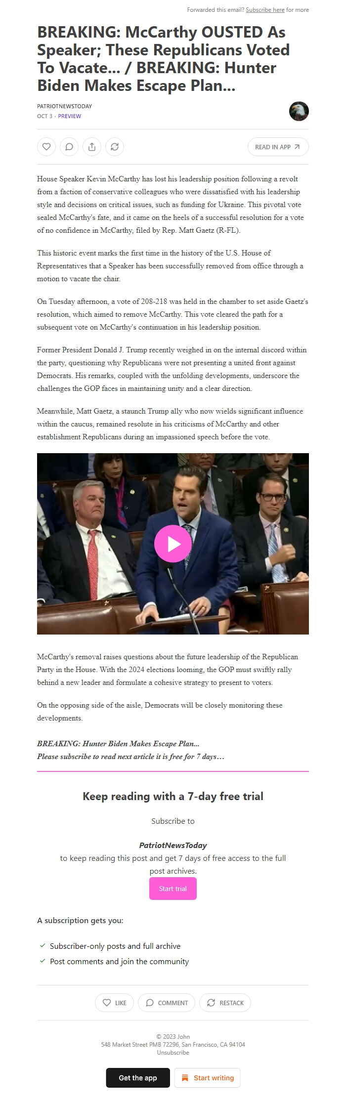 Screenshot of the email generated on import