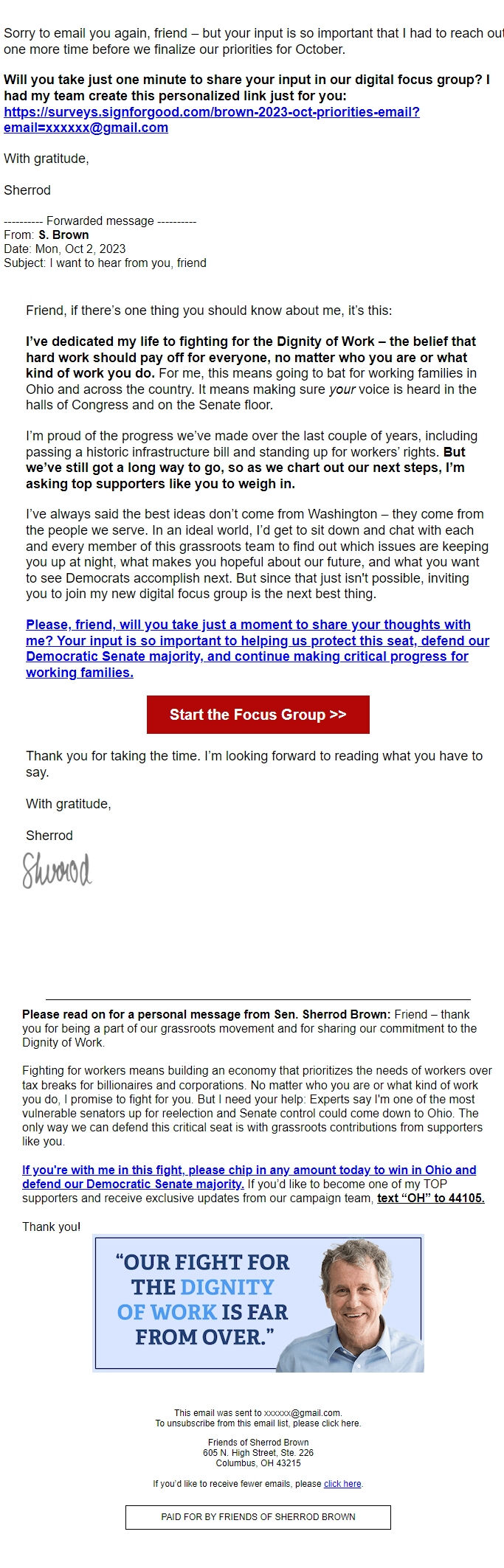 Screenshot of the email generated on import