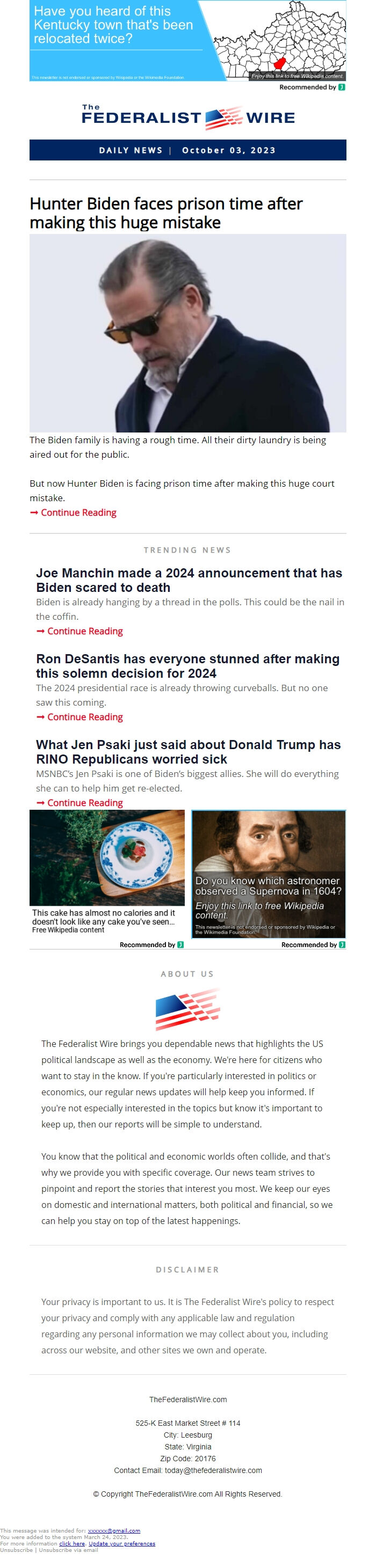 Screenshot of the email generated on import