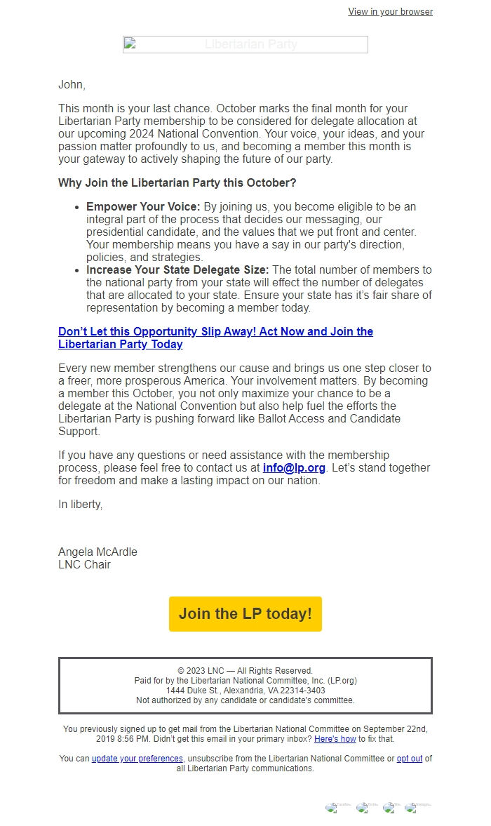 Screenshot of the email generated on import