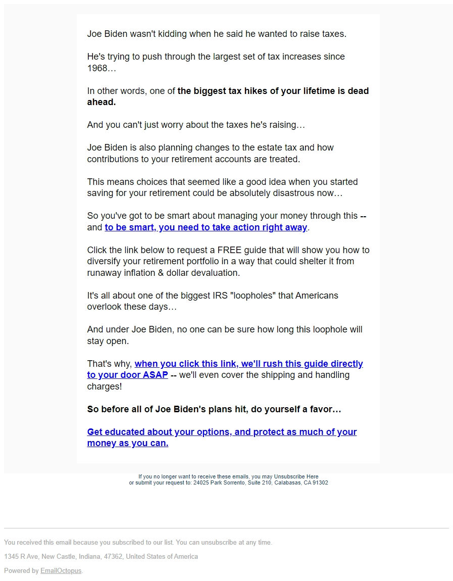 Screenshot of the email generated on import