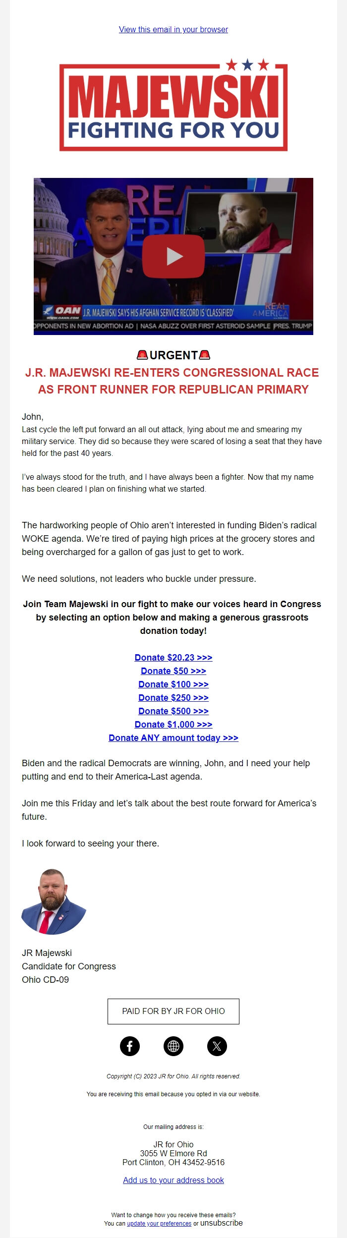 Screenshot of the email generated on import