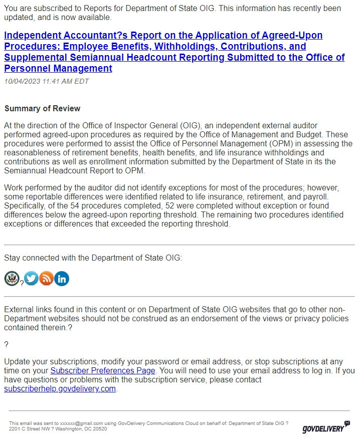 Screenshot of the email generated on import