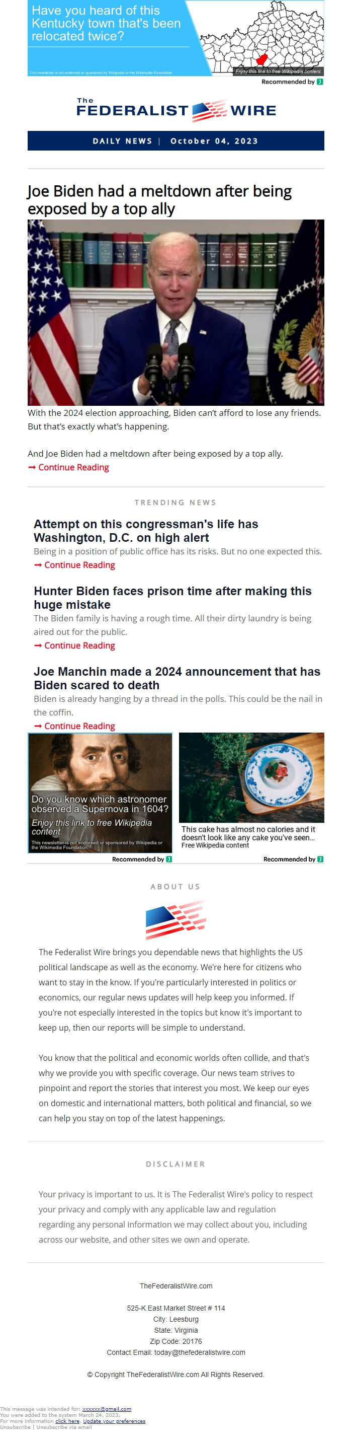 Screenshot of the email generated on import