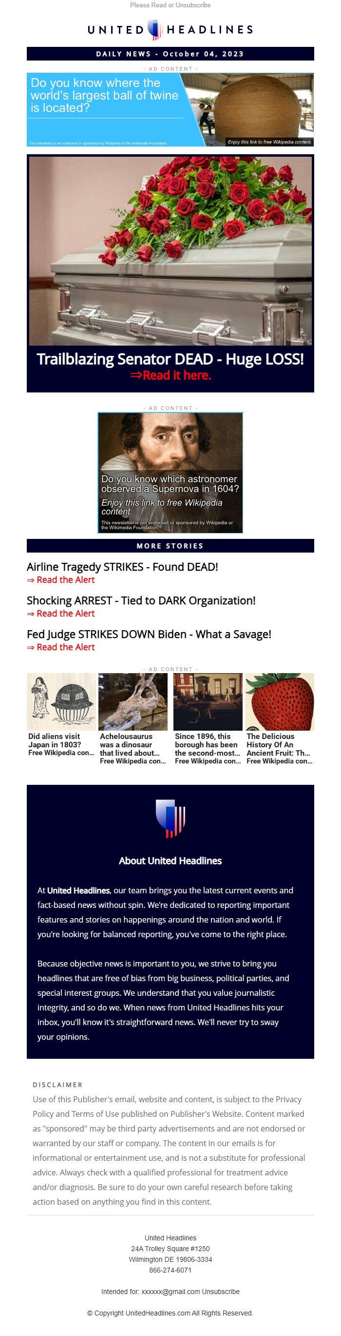 Screenshot of the email generated on import