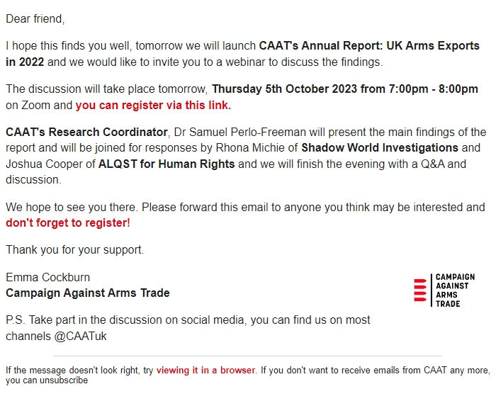 Screenshot of the email generated on import
