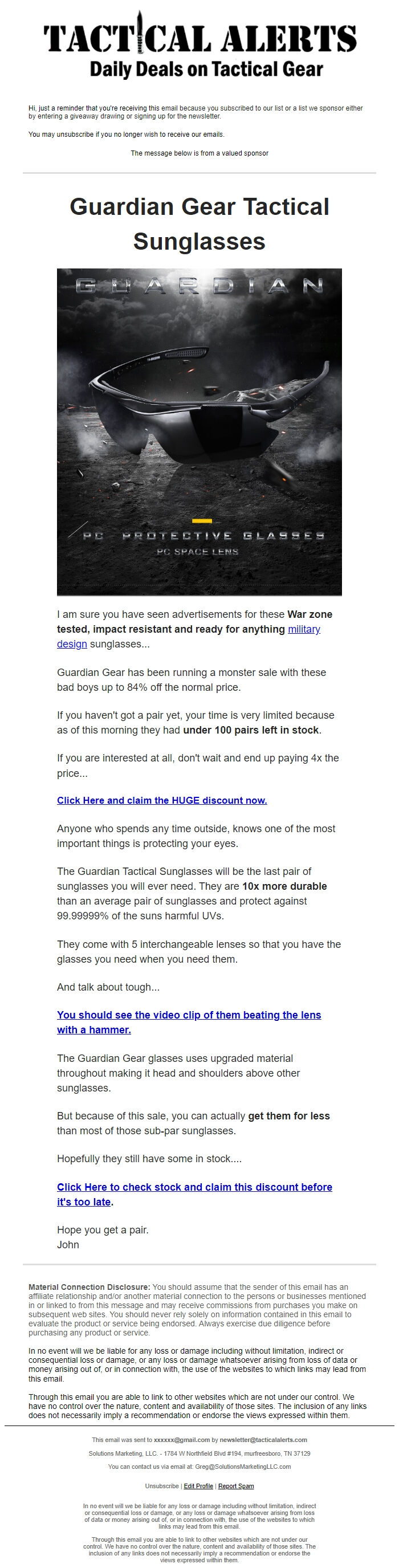 Screenshot of the email generated on import
