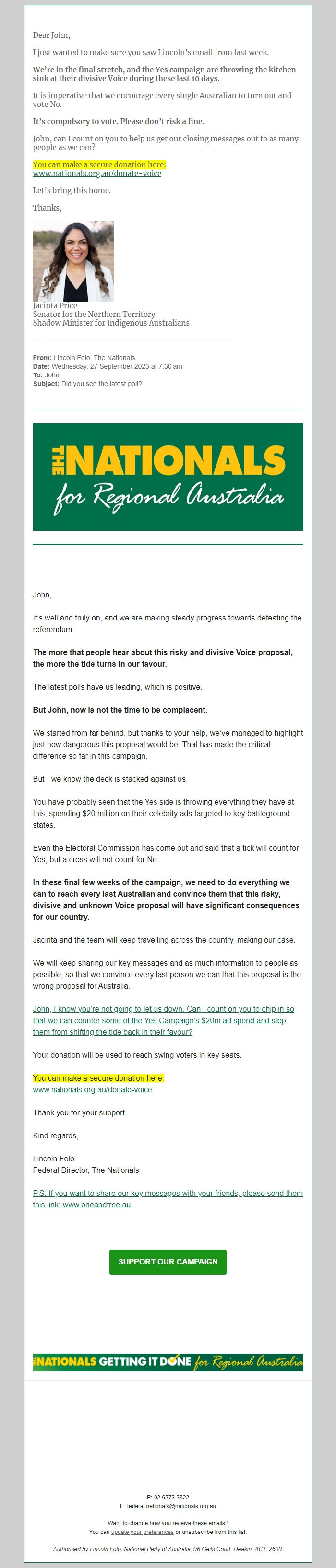 Screenshot of the email generated on import