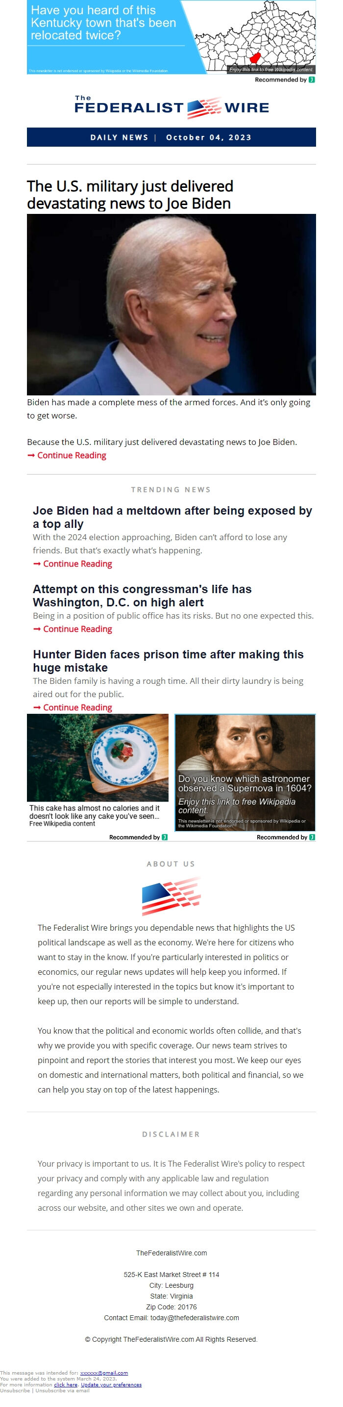 Screenshot of the email generated on import