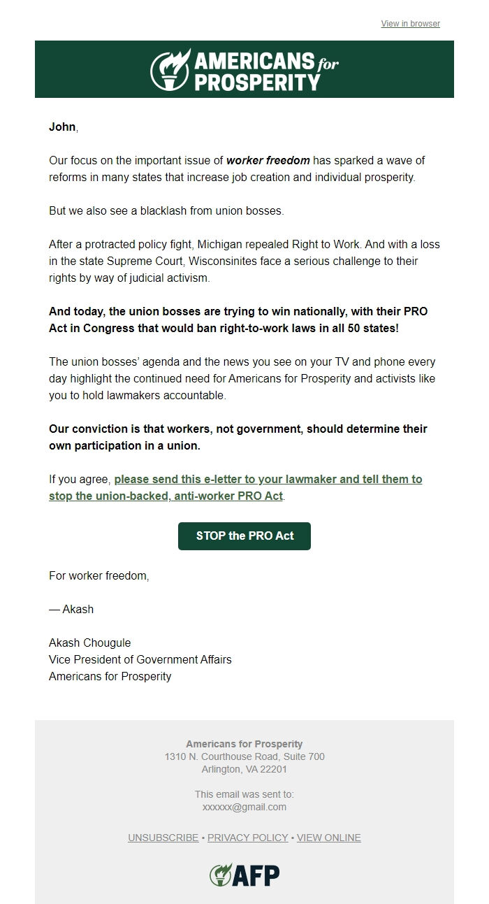 Screenshot of the email generated on import