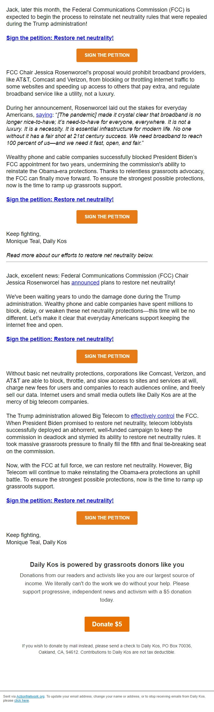 Screenshot of the email generated on import