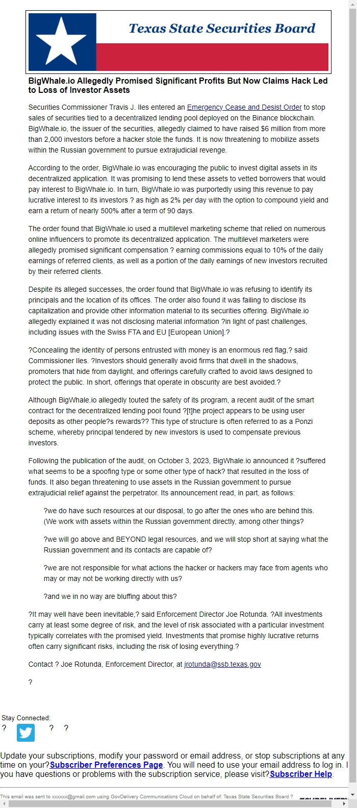 Screenshot of the email generated on import