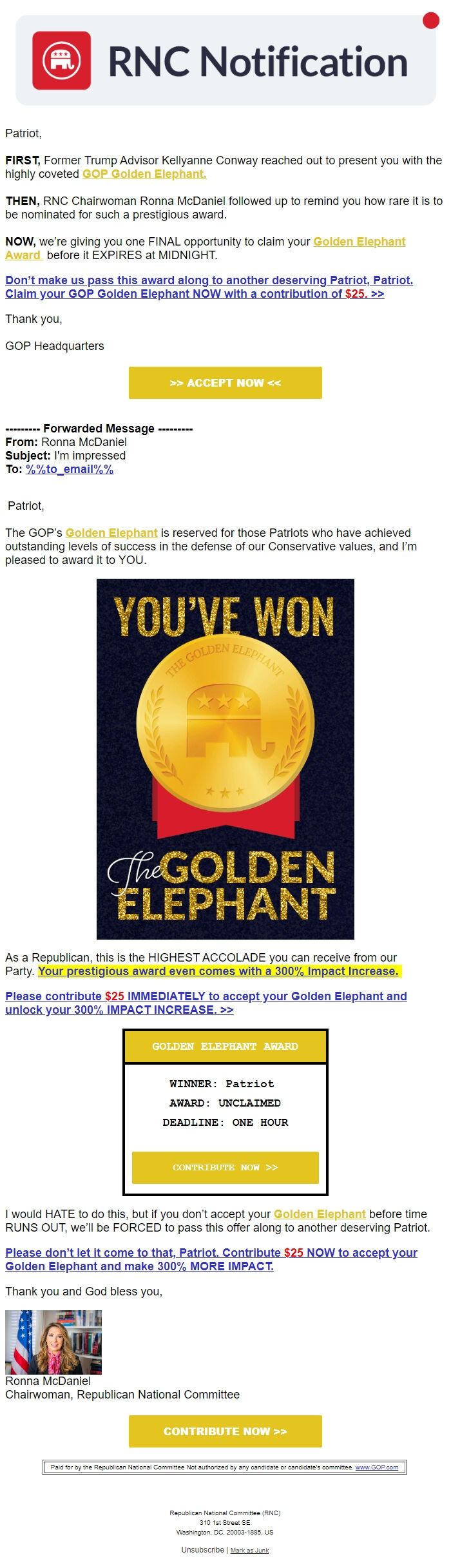 Screenshot of the email generated on import