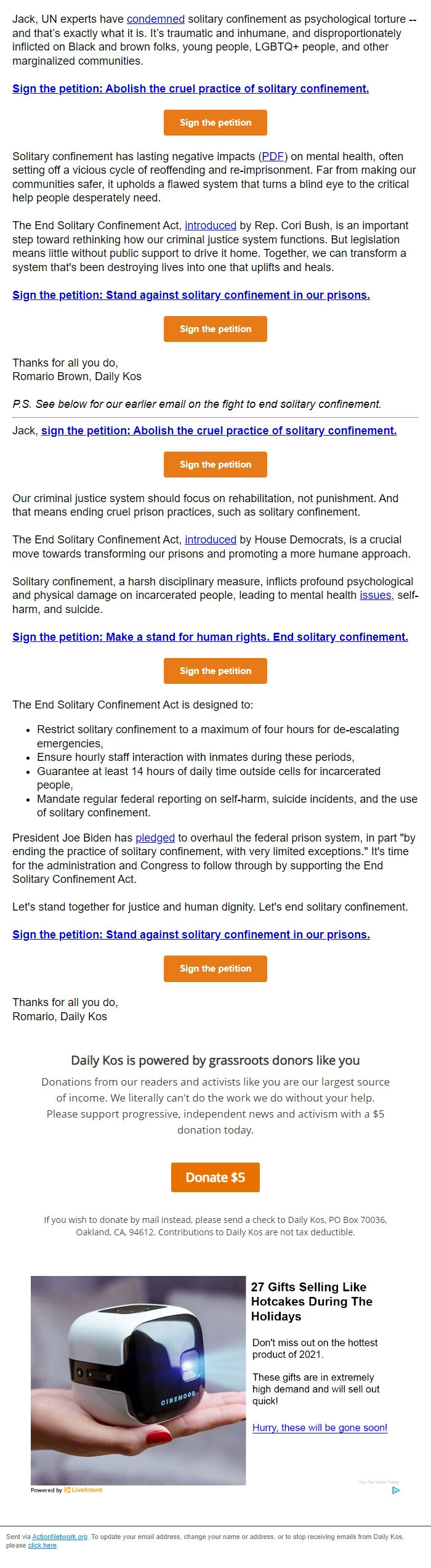 Screenshot of the email generated on import