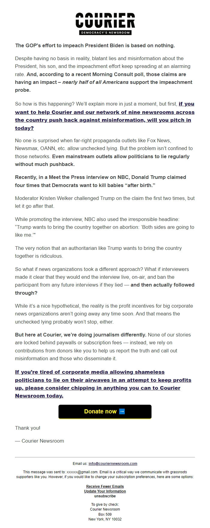 Screenshot of the email generated on import