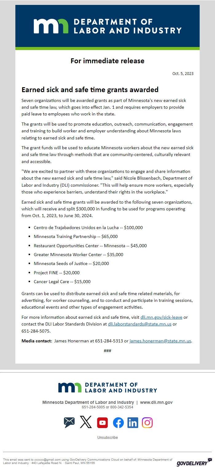 Screenshot of the email generated on import