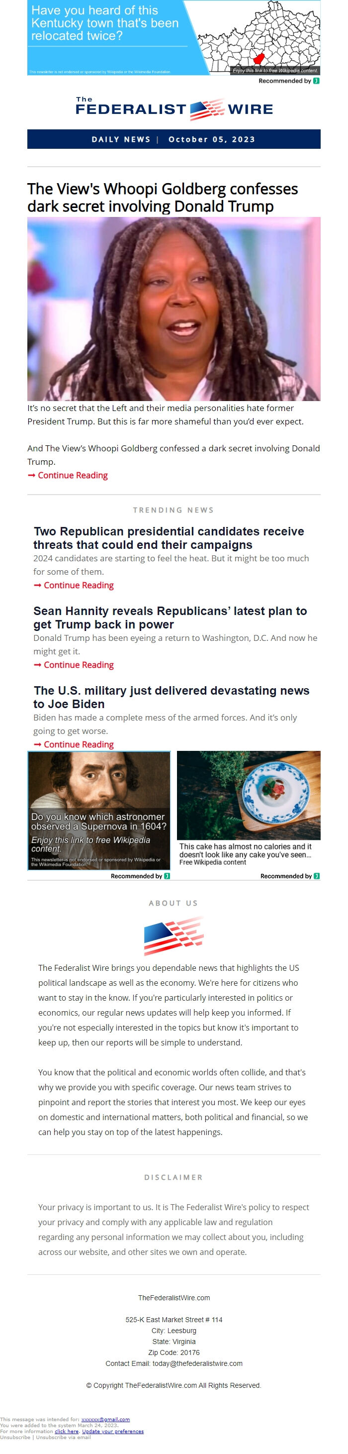 Screenshot of the email generated on import
