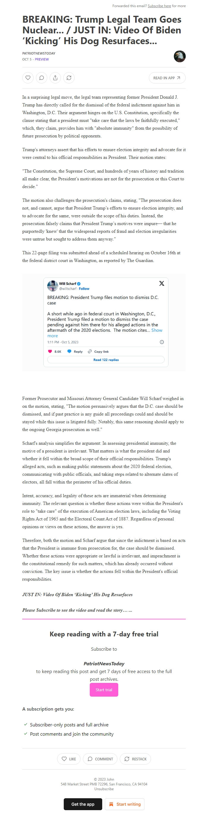 Screenshot of the email generated on import