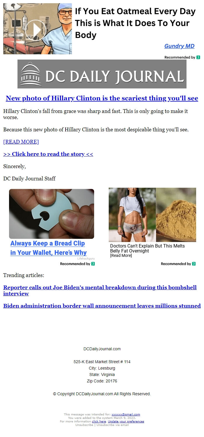 Screenshot of the email generated on import
