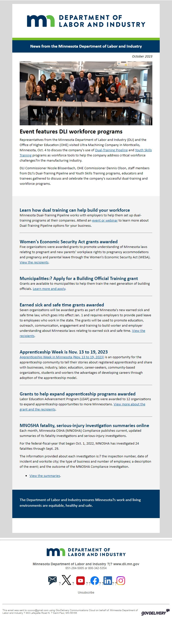 Screenshot of the email generated on import