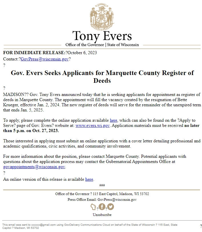 Screenshot of the email generated on import