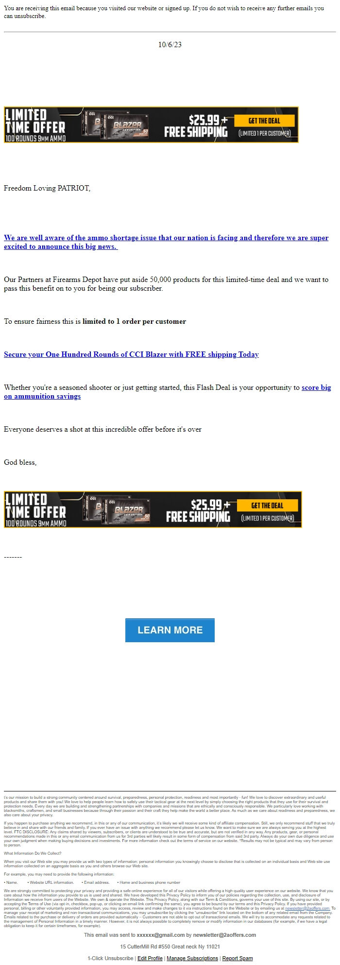 Screenshot of the email generated on import