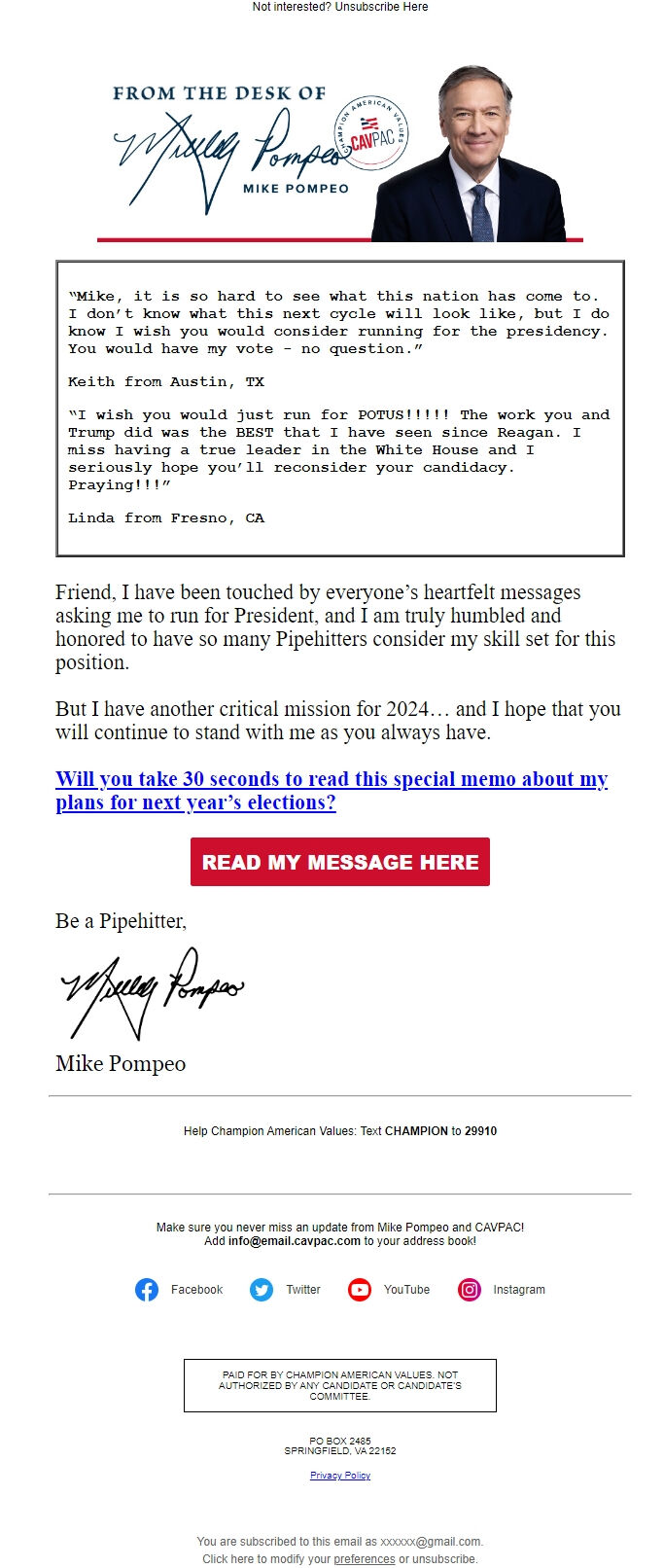 Screenshot of the email generated on import