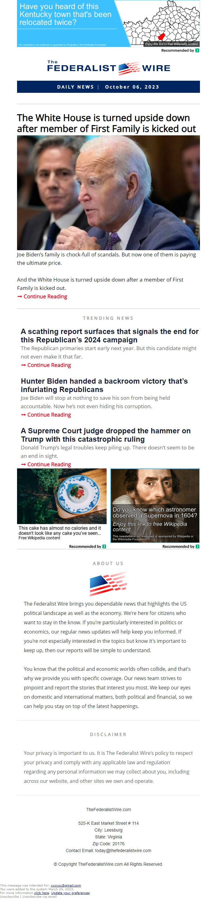 Screenshot of the email generated on import