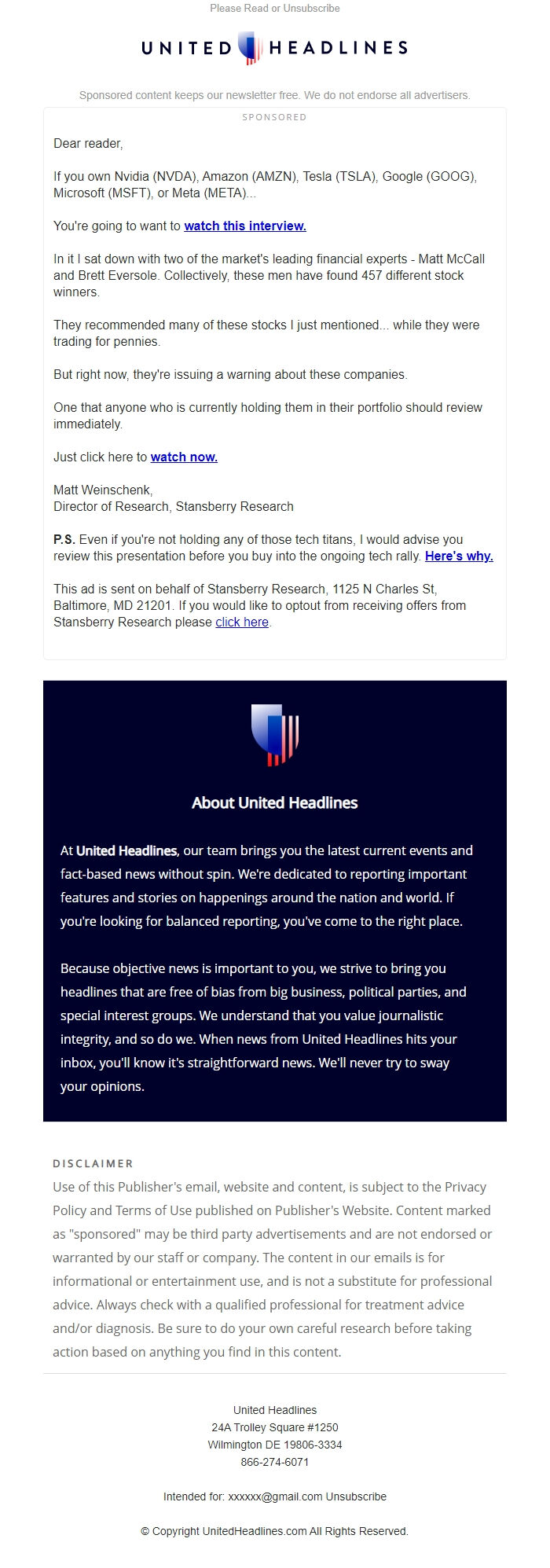 Screenshot of the email generated on import