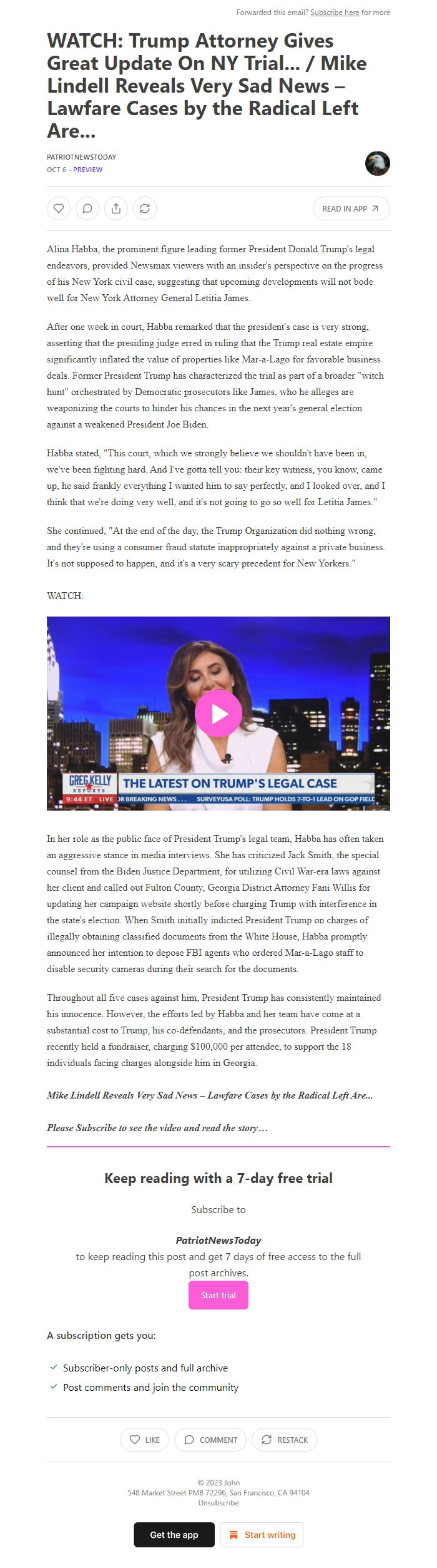 Screenshot of the email generated on import