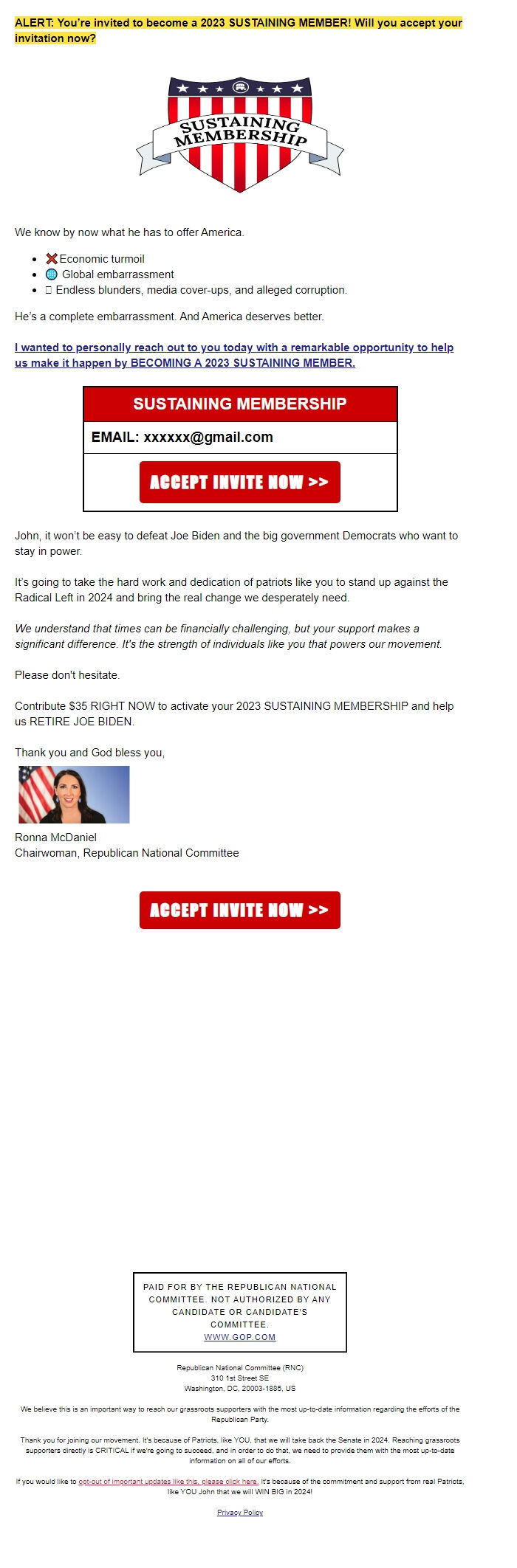 Screenshot of the email generated on import