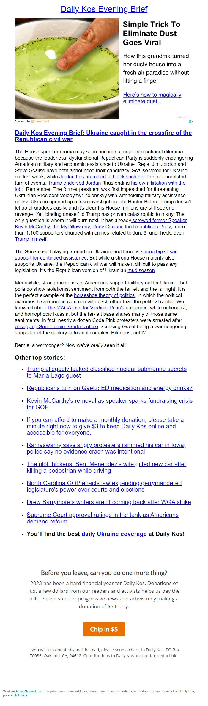 Screenshot of the email generated on import