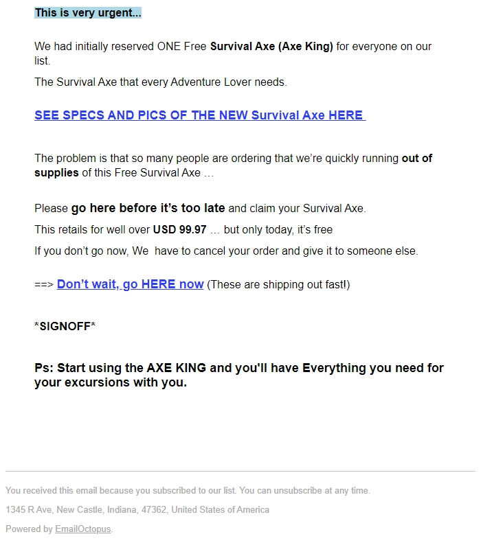 Screenshot of the email generated on import
