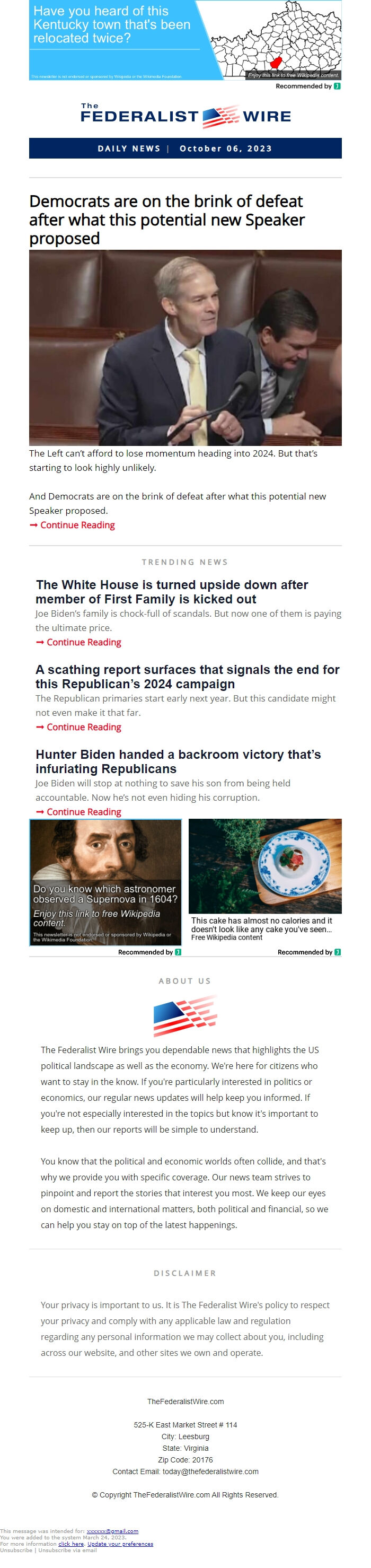 Screenshot of the email generated on import