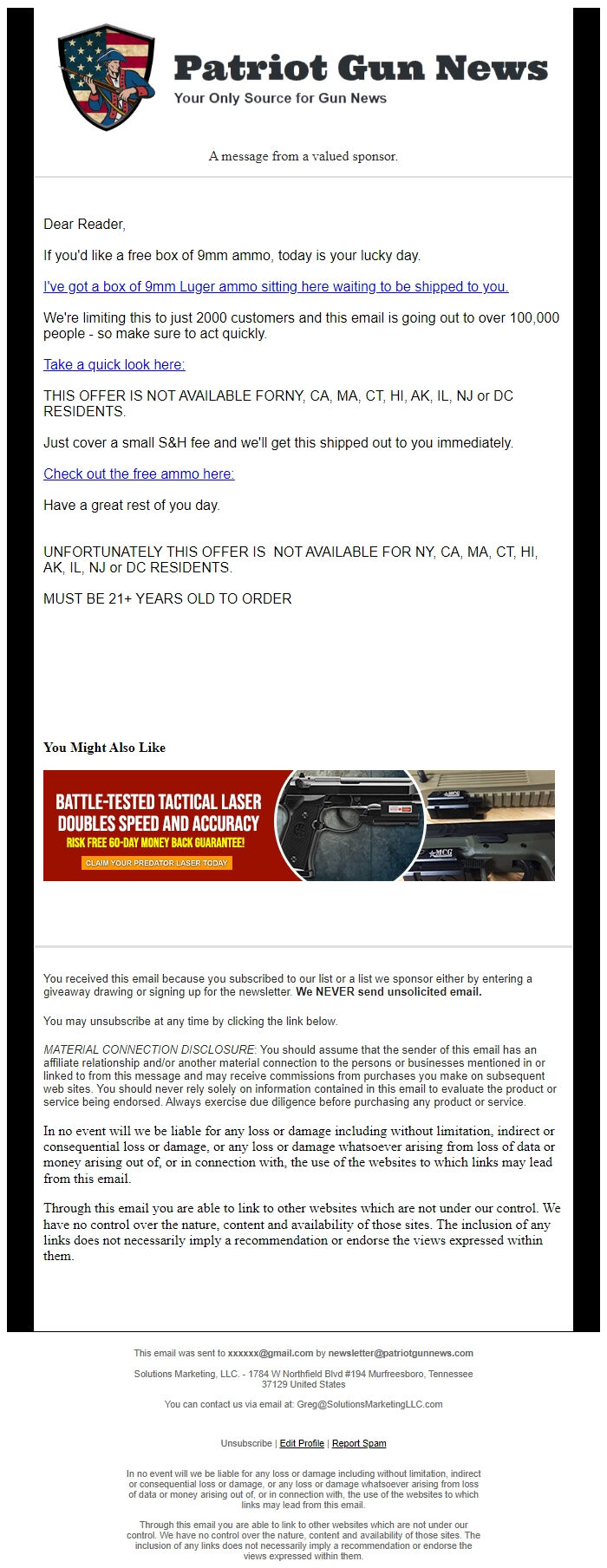Screenshot of the email generated on import