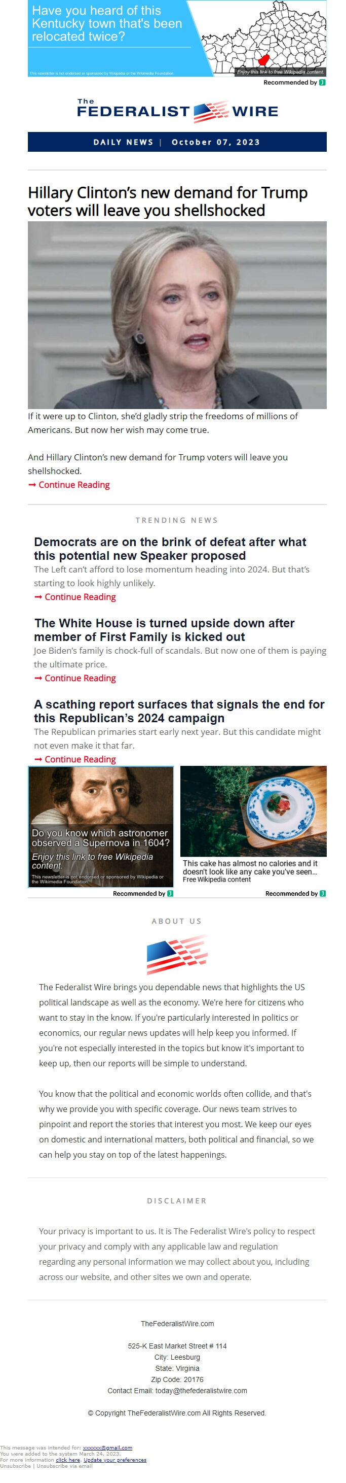 Screenshot of the email generated on import