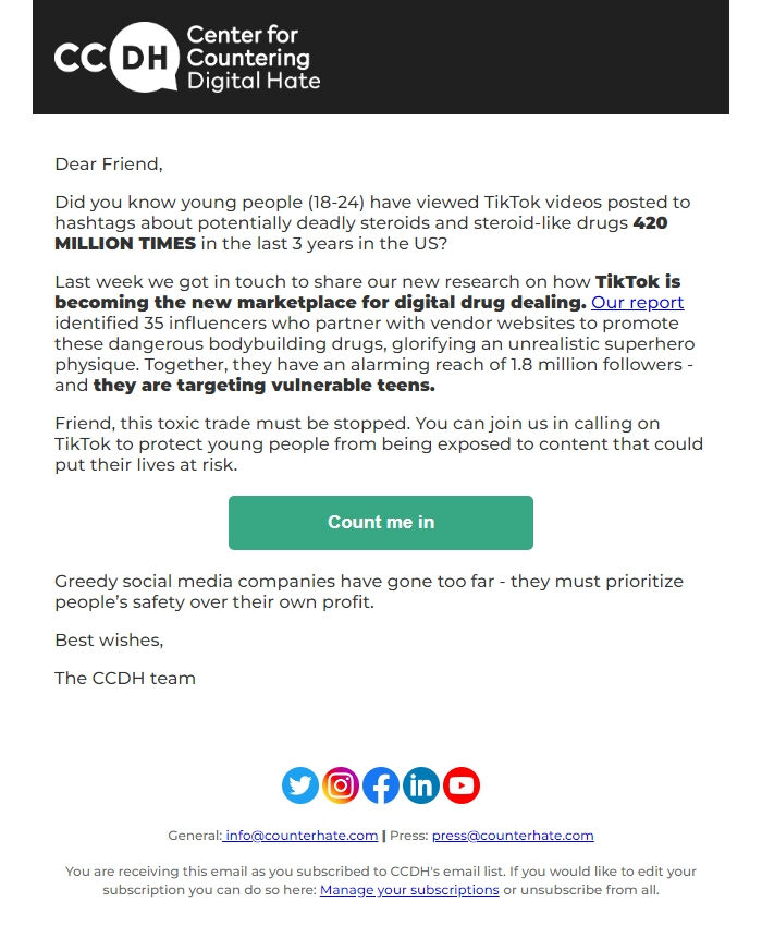 Screenshot of the email generated on import