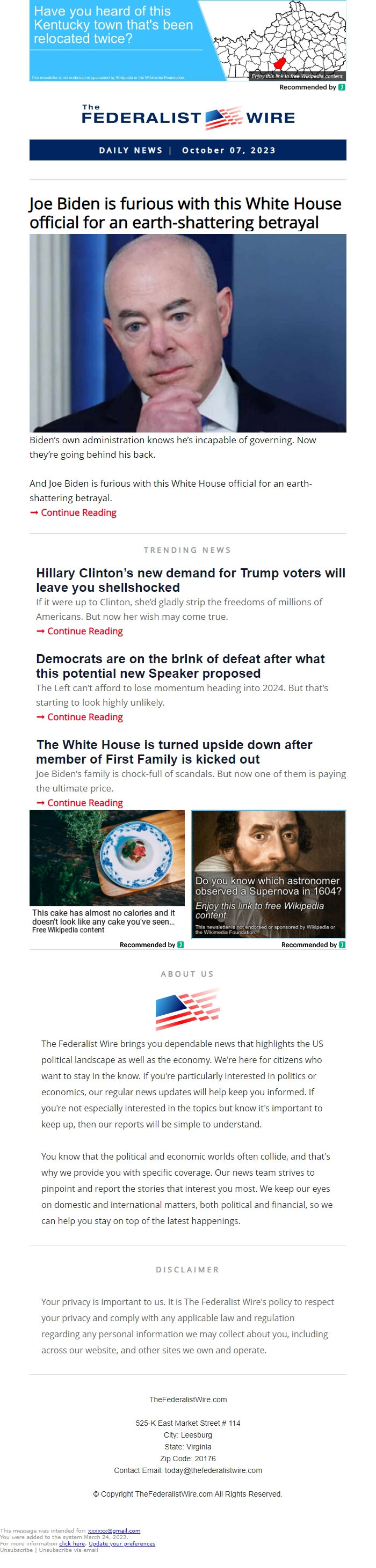 Screenshot of the email generated on import