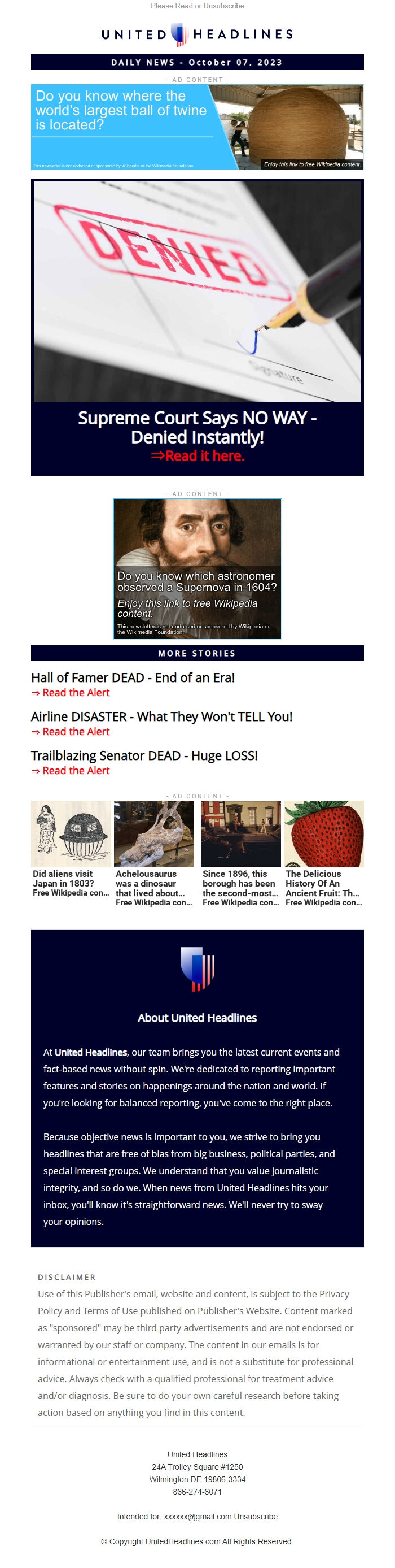 Screenshot of the email generated on import