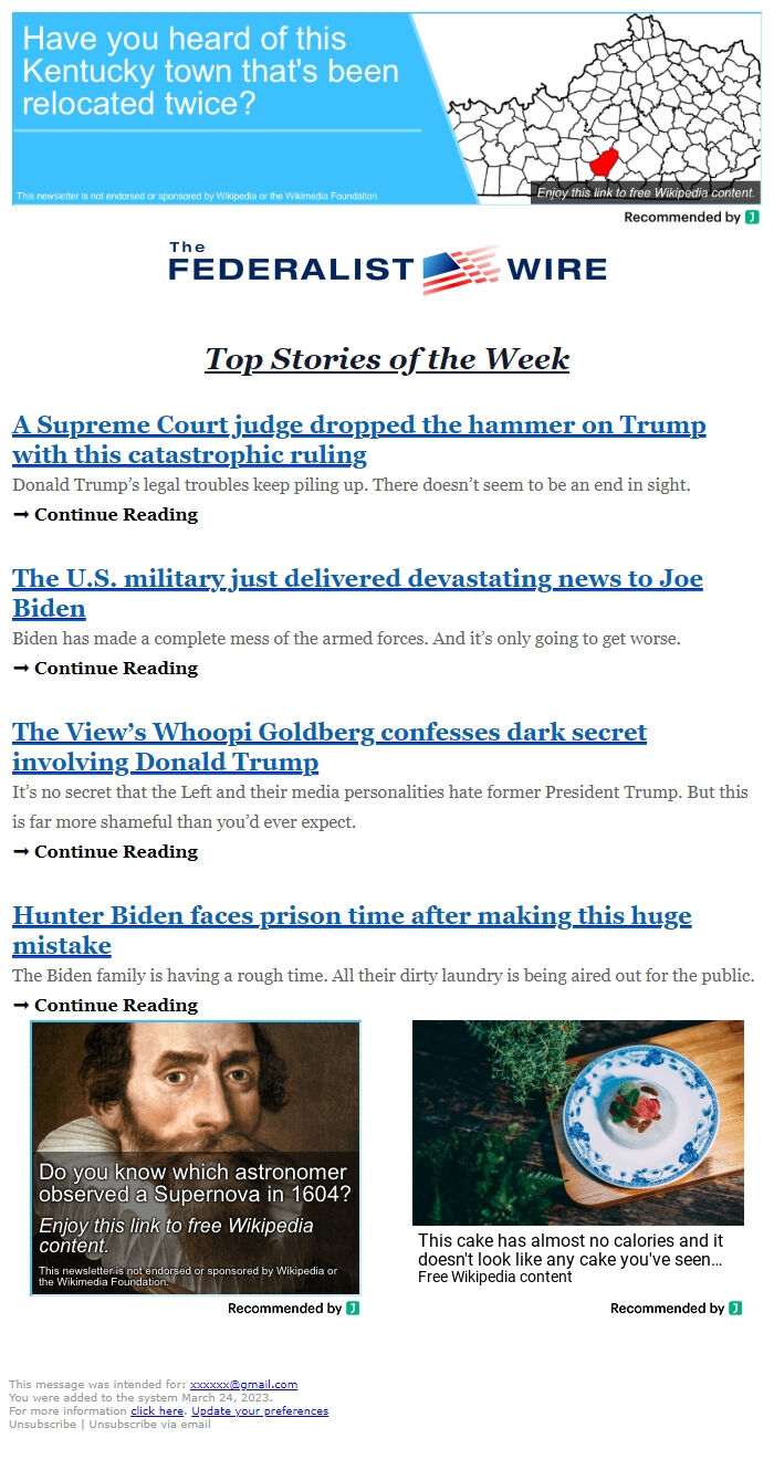 Screenshot of the email generated on import