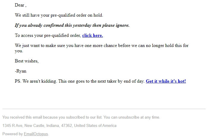 Screenshot of the email generated on import