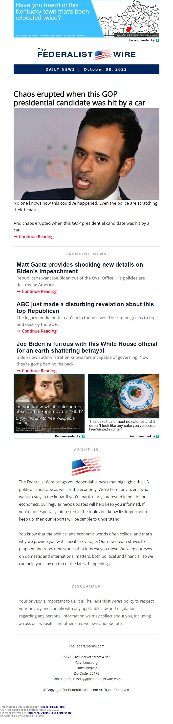 Screenshot of the email generated on import