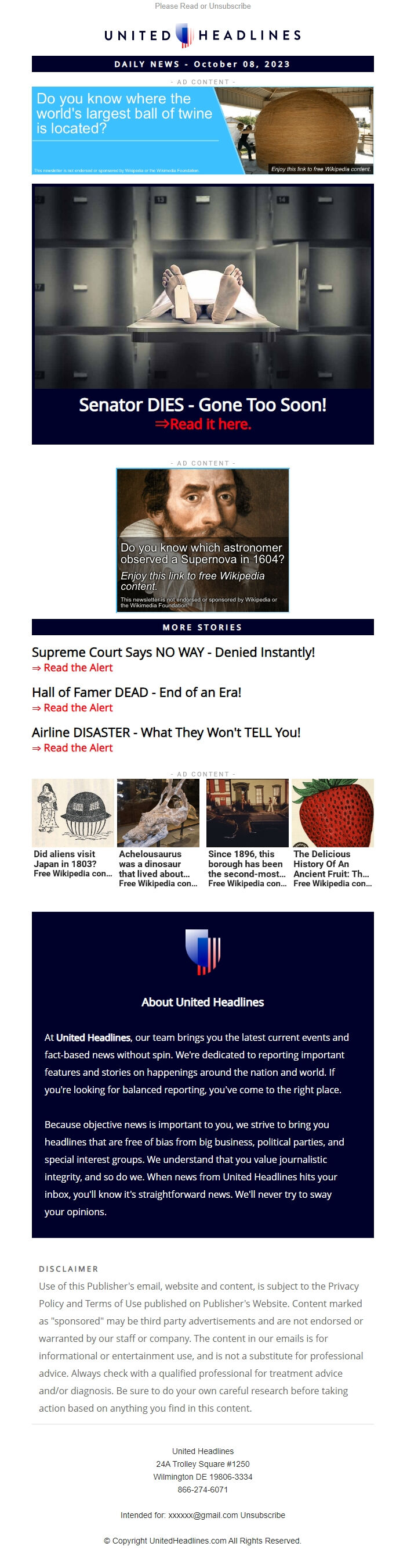 Screenshot of the email generated on import