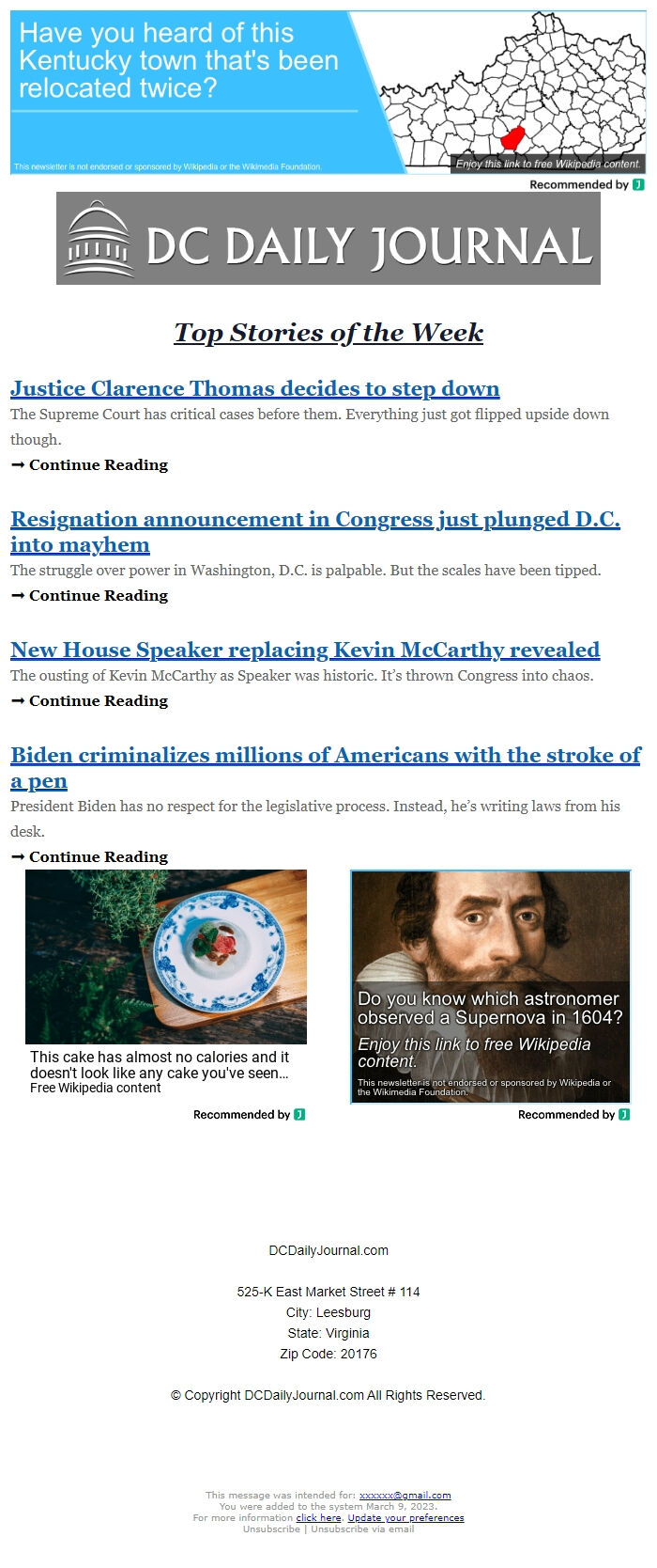 Screenshot of the email generated on import