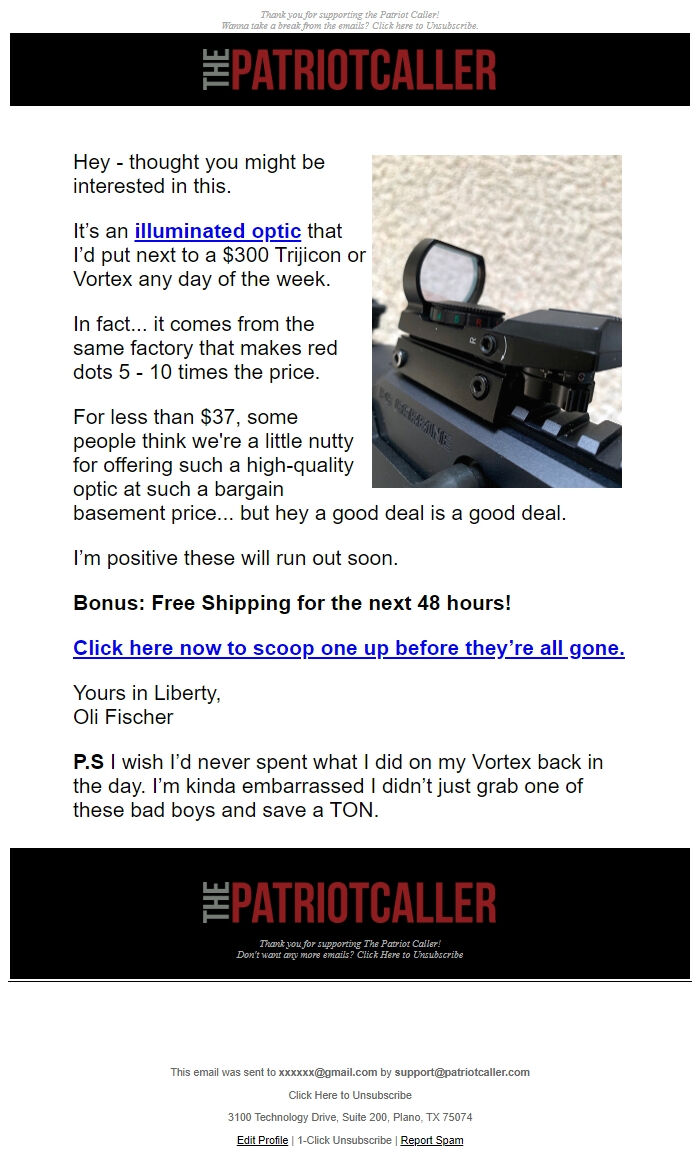 Screenshot of the email generated on import