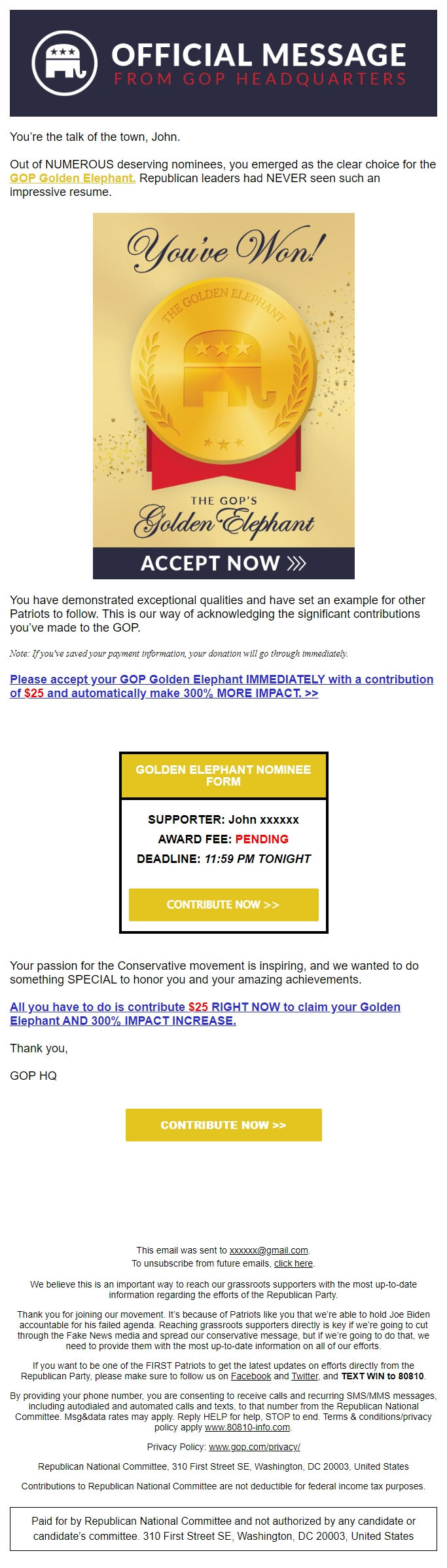 Screenshot of the email generated on import