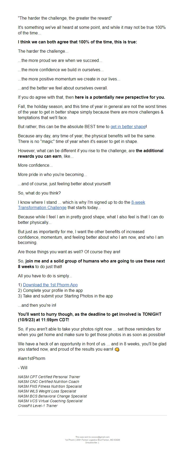 Screenshot of the email generated on import